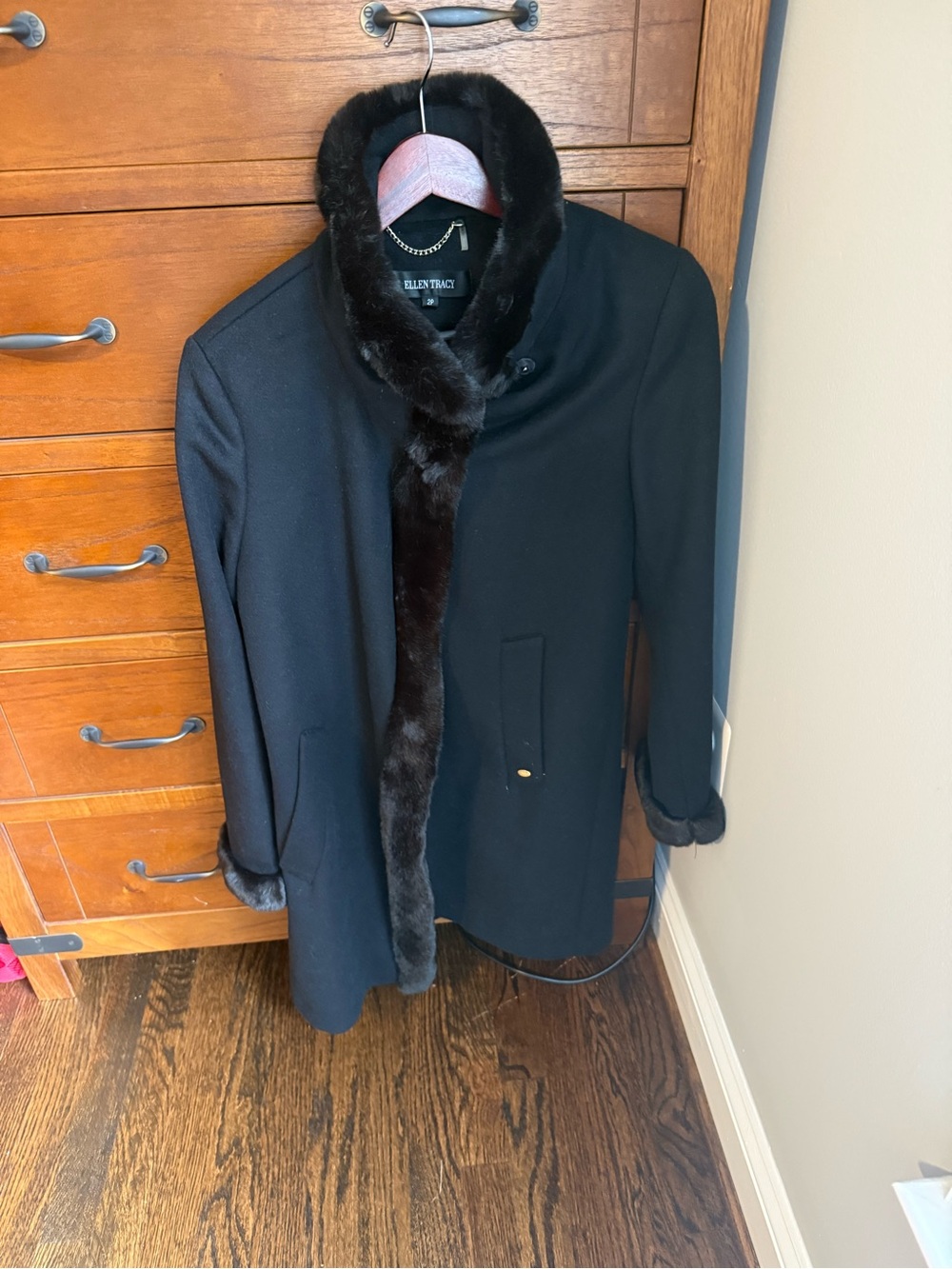 Ellen Tracy Black Wool Coat with Faux Fur Trim